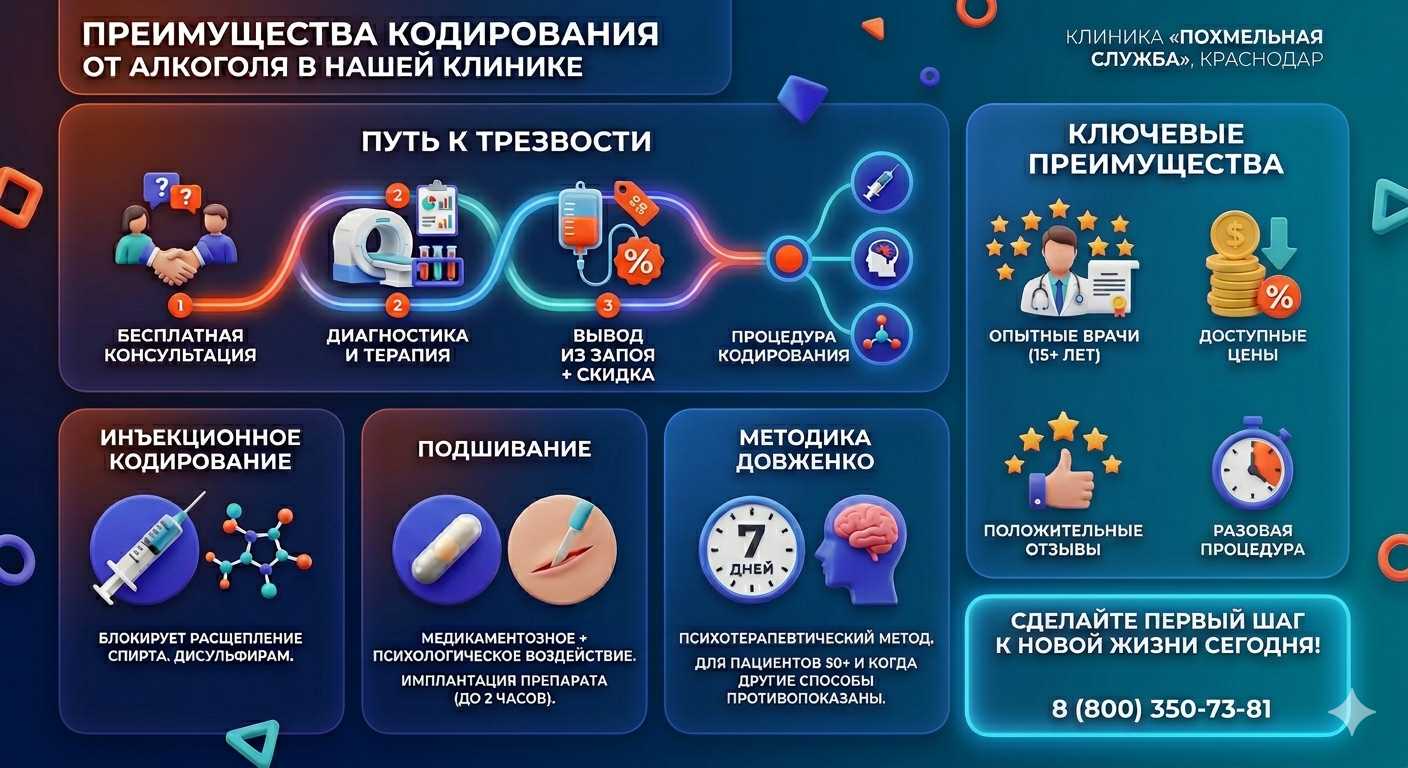 Инфографика о методах кодирования от алкоголя в Шахунье: инъекции, подшивание, метод Довженко. Преимущества клиники и этапы лечения.