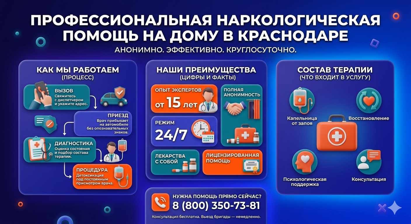 Инфографика о принципах лечения алкоголизма на дому в Шахунье: этапы вызова нарколога, преимущества анонимной детоксикации и состав медицинской помощи.